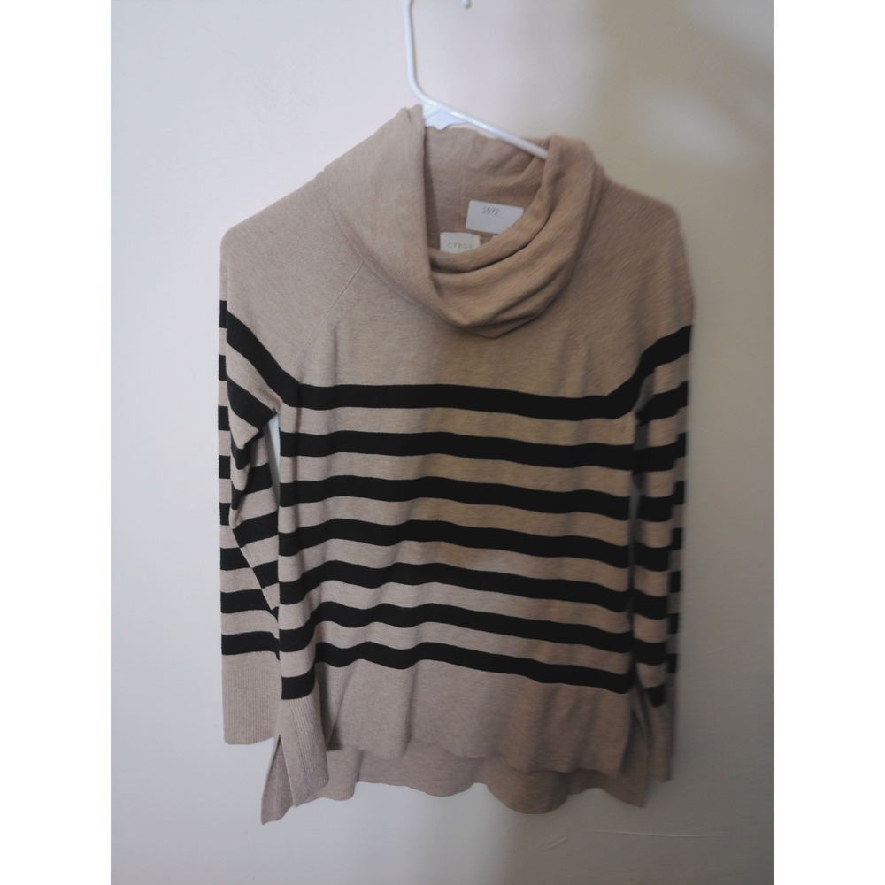 Cyrus Striped Sweater Womens Small Tan Black Cowl Neck Vented Hem Soft Knit
